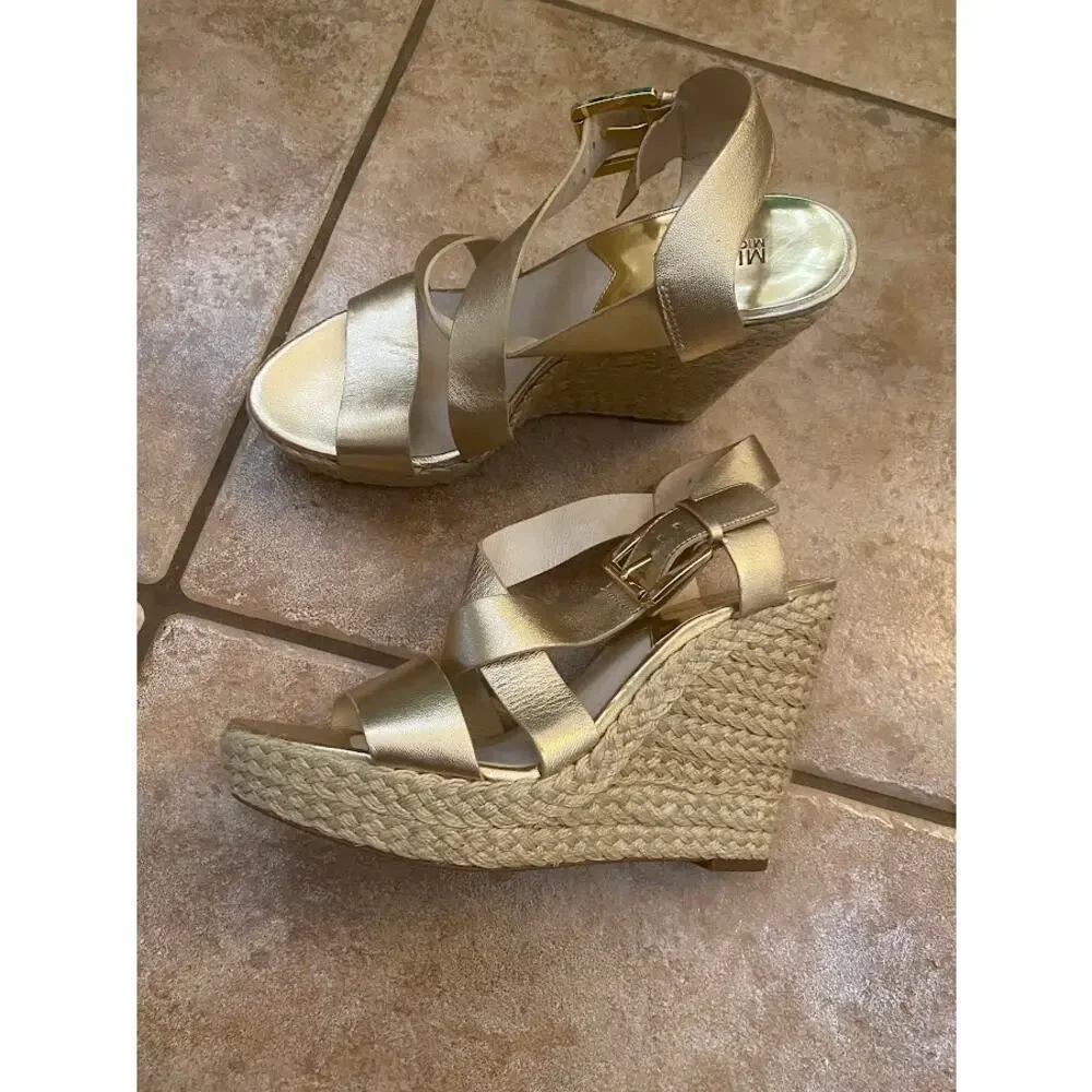 MICHAEL KORS Metallic Gold Leather Ankle Strap Espadrille Wedge Sandal 9.5M